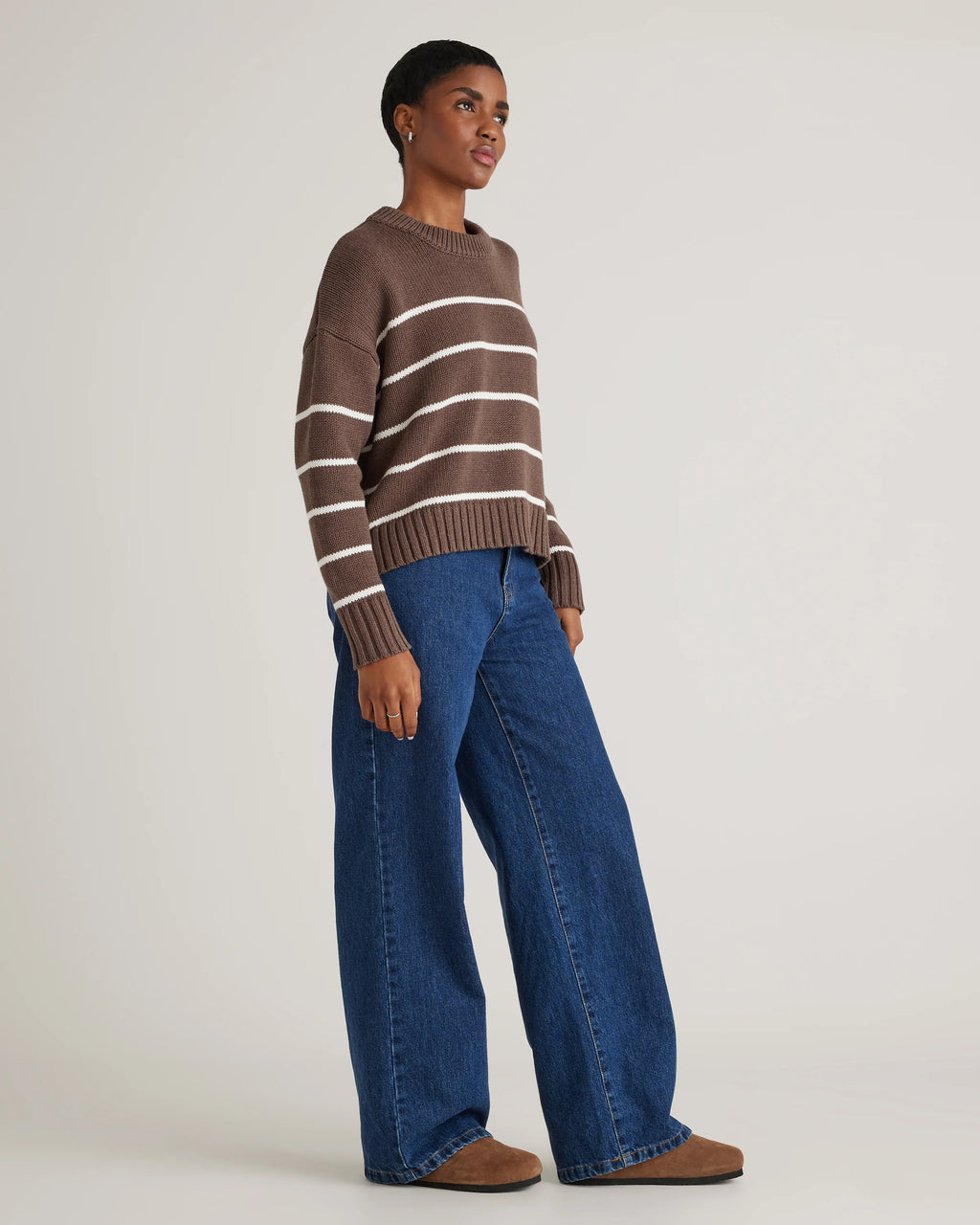 100% Organic Cotton Striped Crew Sweater - XS / Heather Brown/Ivory