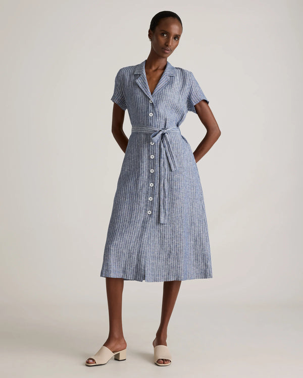 100% European Linen Button Front Dress - XS / Sky Blue Mariner Stripe