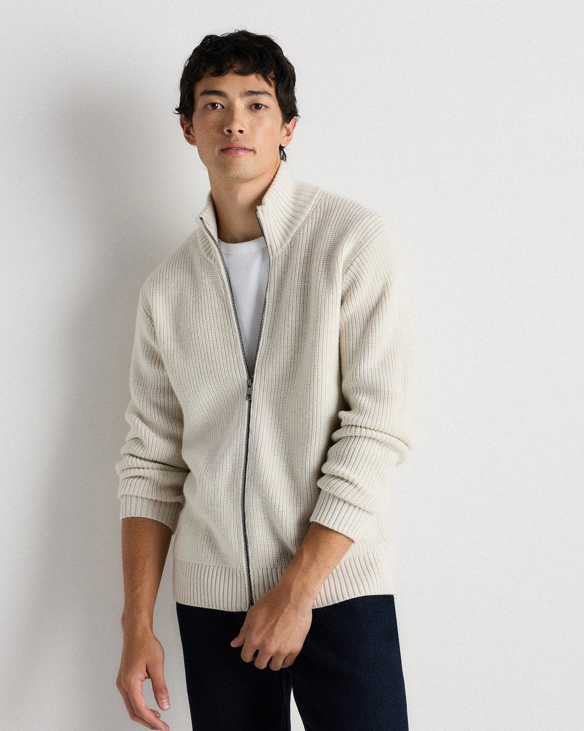 Australian Merino Wool Full Zip Sweater - S / Heather Bone Main image