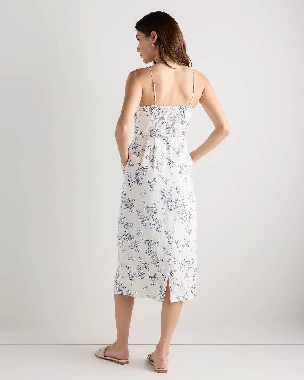 100% European Linen Scoop Neck Midi Dress - XS / Ivory Porcelain Blue Petite Floral