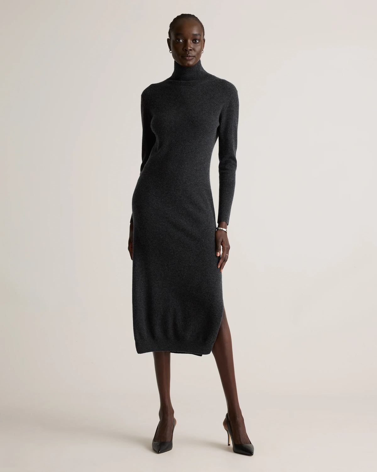 Mongolian Cashmere Turtleneck Midi Sweater Dress - XS / Charcoal Main image