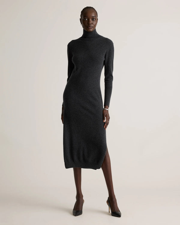Mongolian Cashmere Turtleneck Midi Sweater Dress - XS / Charcoal