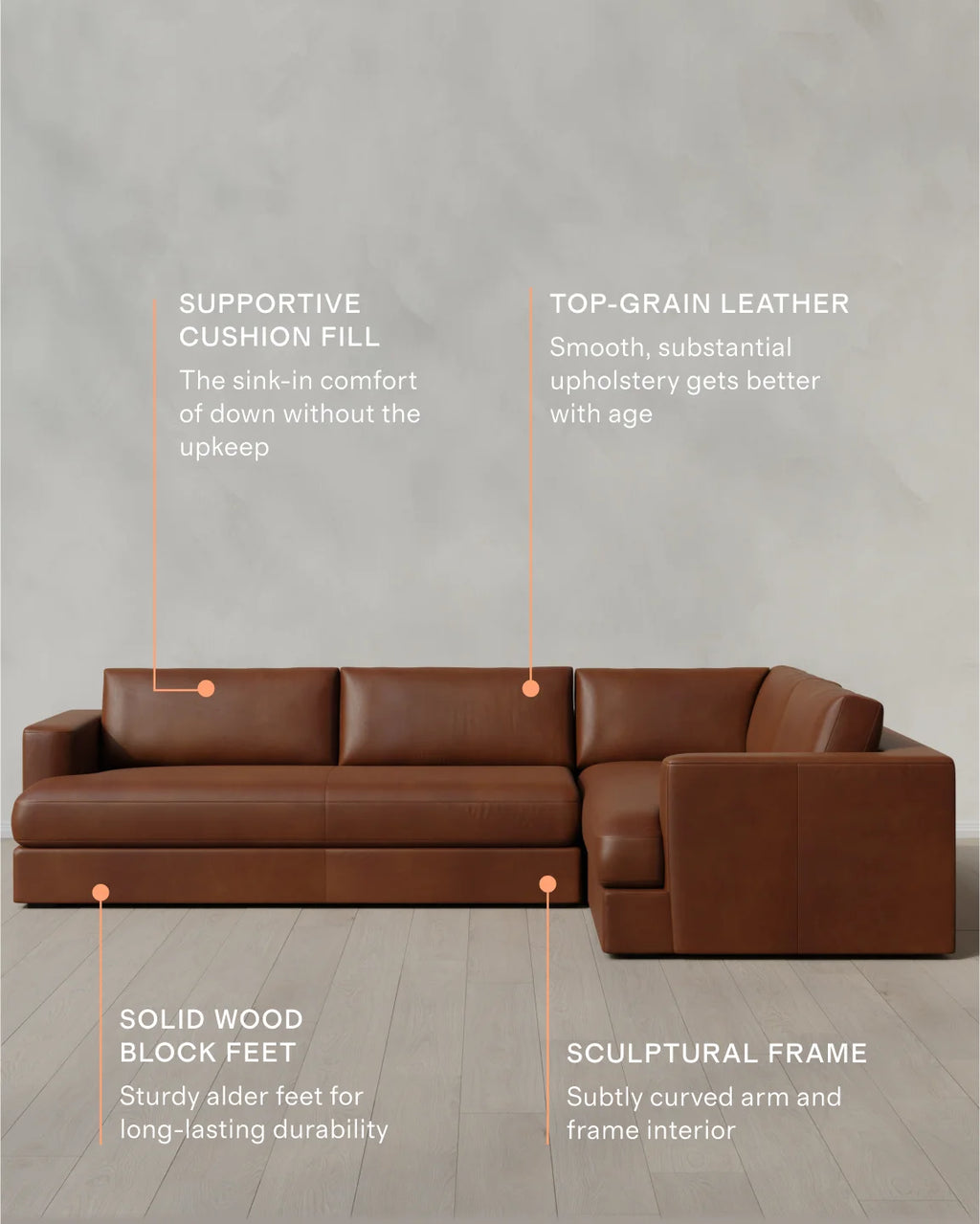 Sierra Curved Arm L Sectional in Leather - Right Arm / Auburn