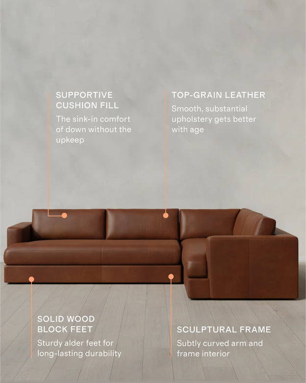 Sierra Curved Arm L Sectional in Leather - Right Arm / Auburn