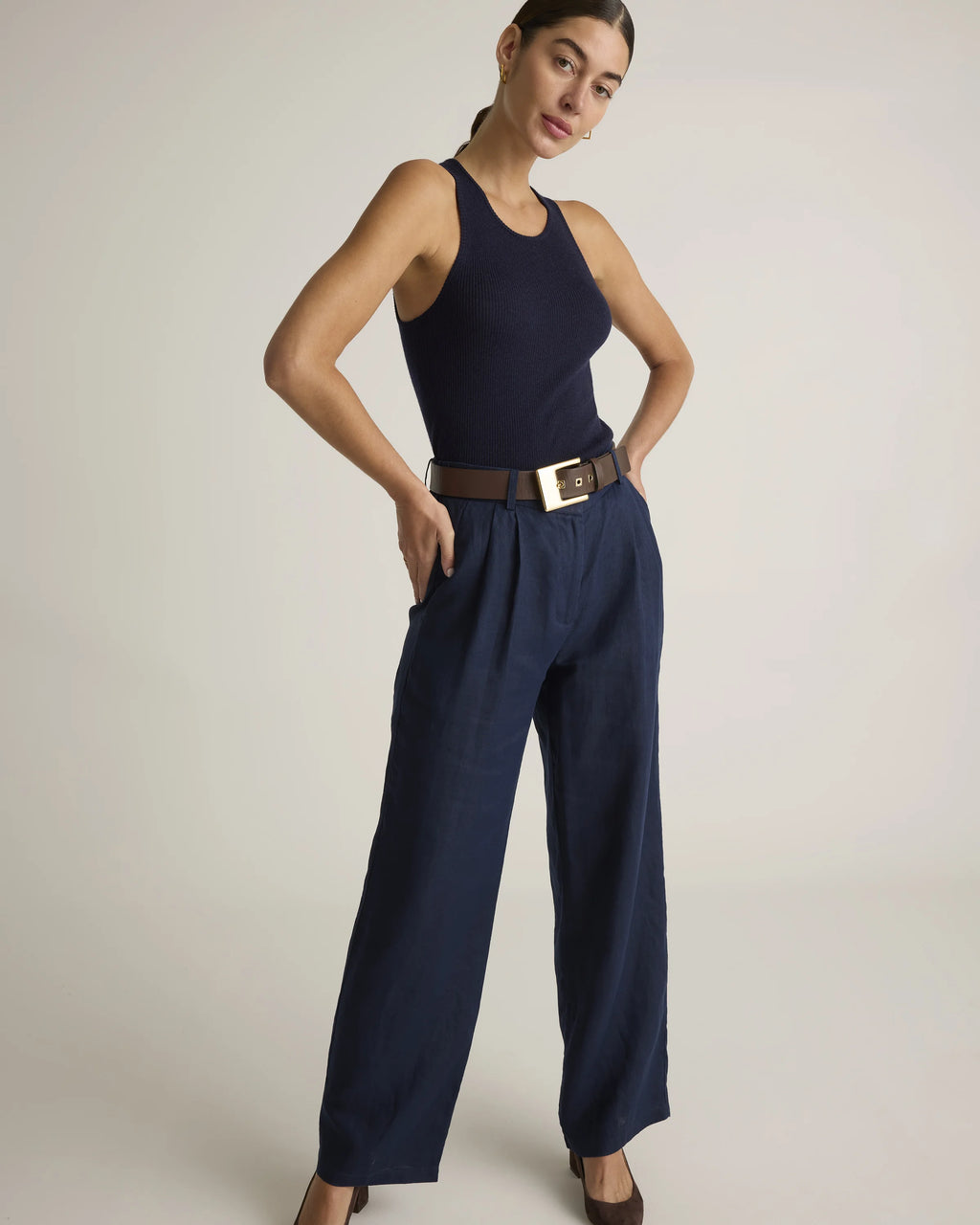 100% European Linen Pleated Trouser - 6 / Deep Navy
