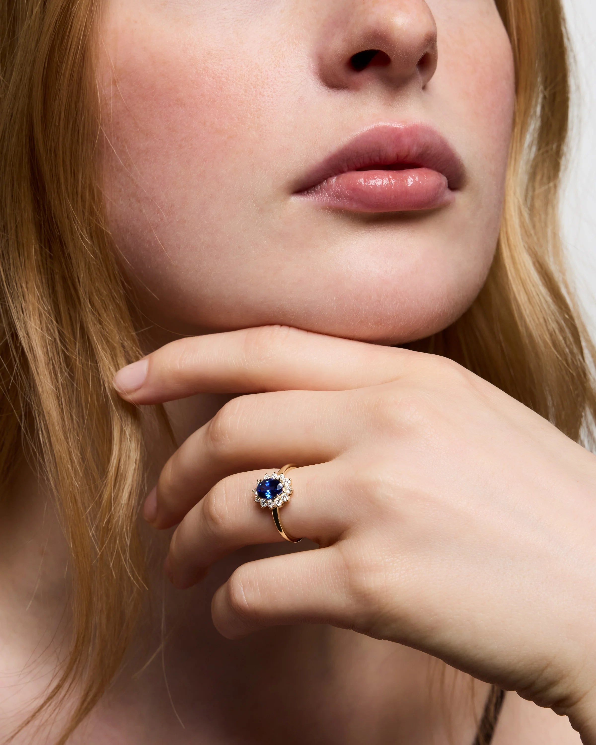 14K Gold Lab Grown Diamond and Blue Sapphire Halo Ring - 4 / Yellow Gold Secondary image