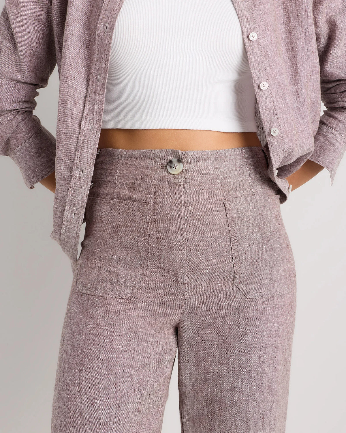 100% European Linen Patch Pocket Wide Leg Pants - 0 / Taupe Brown Chambray