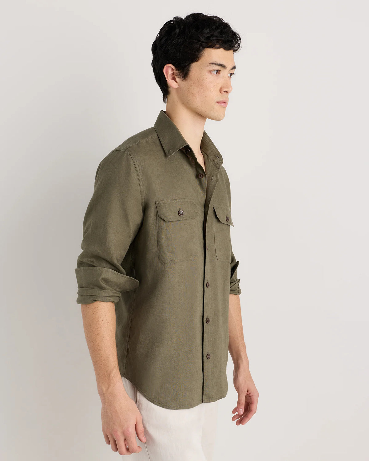 100% European Linen Utility Shirt - S / Taupe Brown Chambray