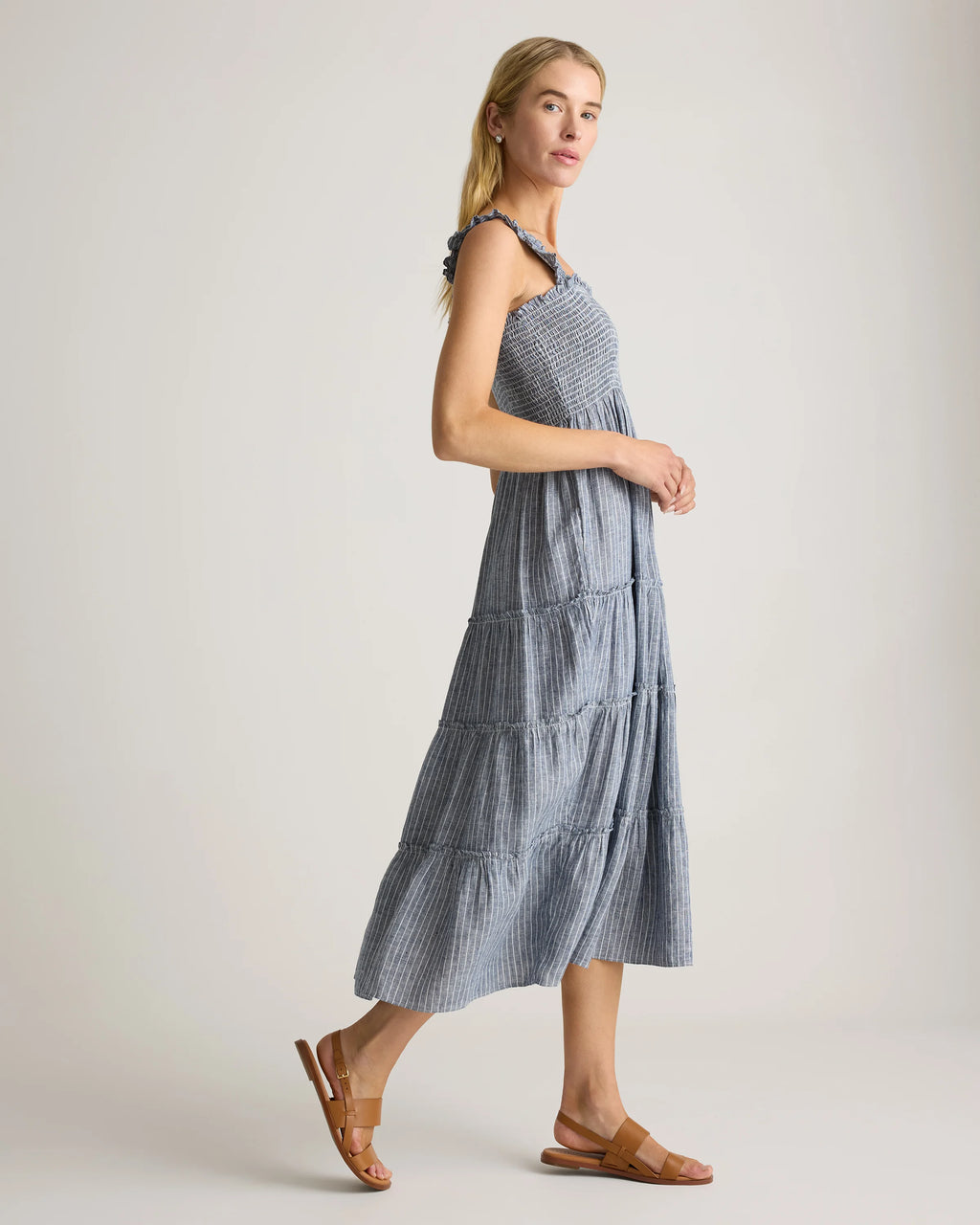 100% European Linen Smocked Midi Dress - XS / Ivory Porcelain Blue Petite Floral