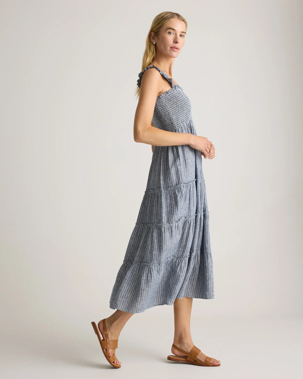 100% European Linen Smocked Midi Dress - XS / Ivory Porcelain Blue Petite Floral