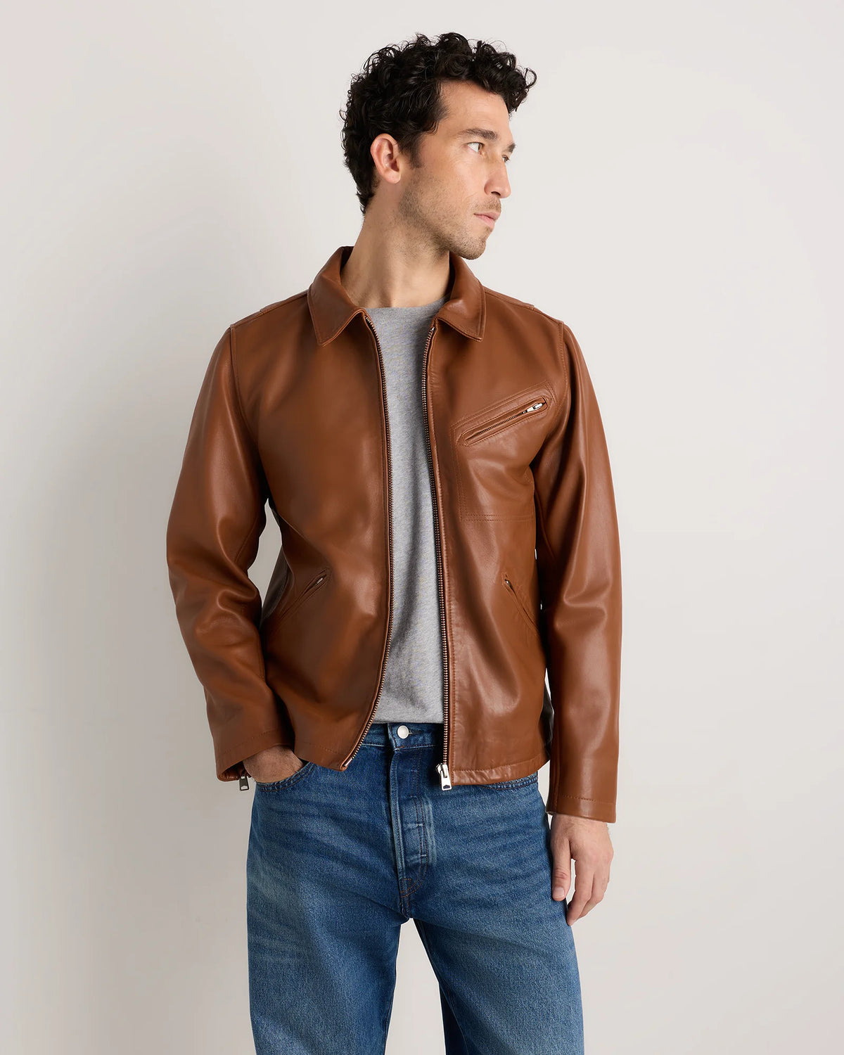 100% Washed Leather Moto Jacket - S / Dark Cognac Brown Main image