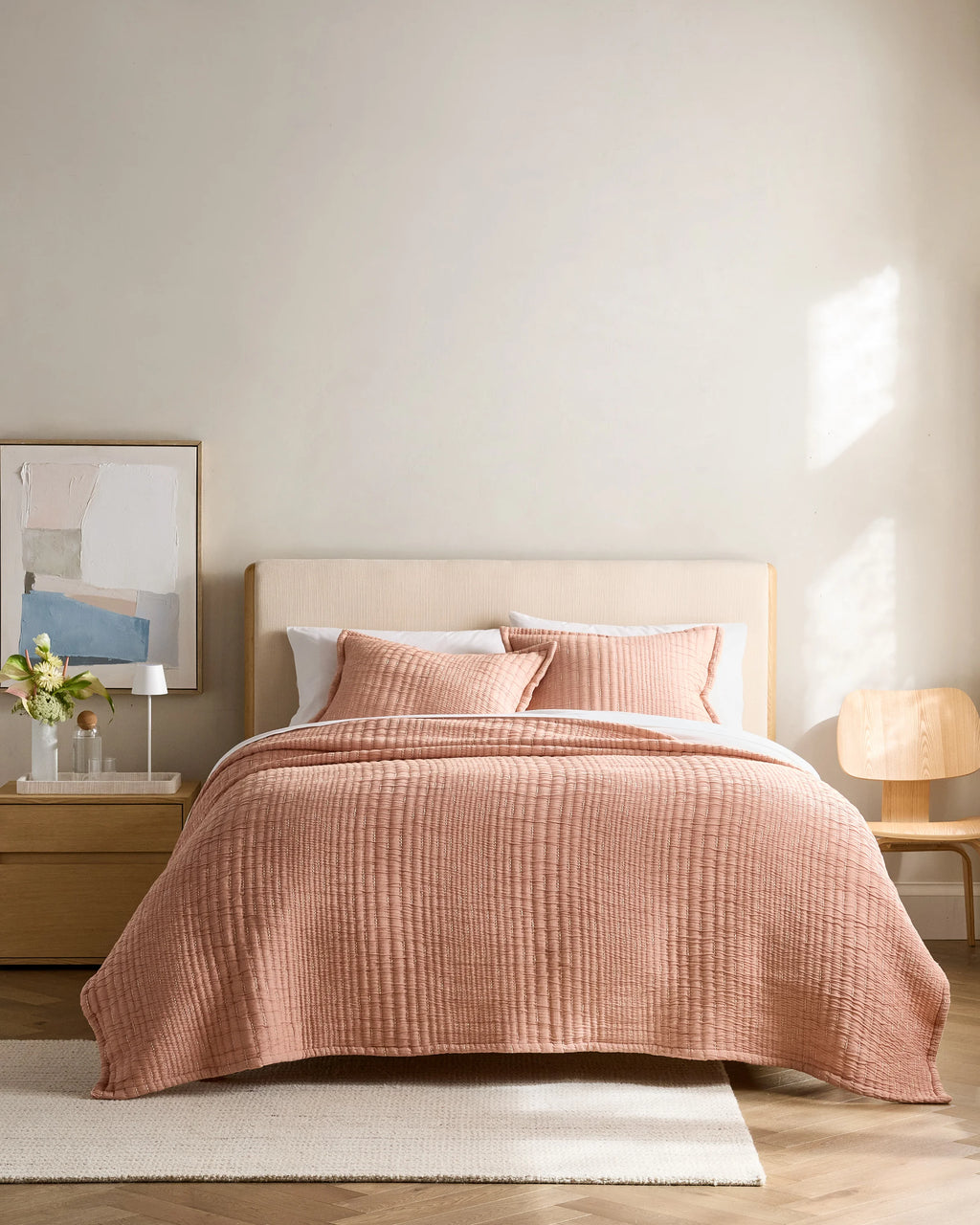 Organic Cotton Channel Stitch Coverlet Set - Twin / Coral Pink