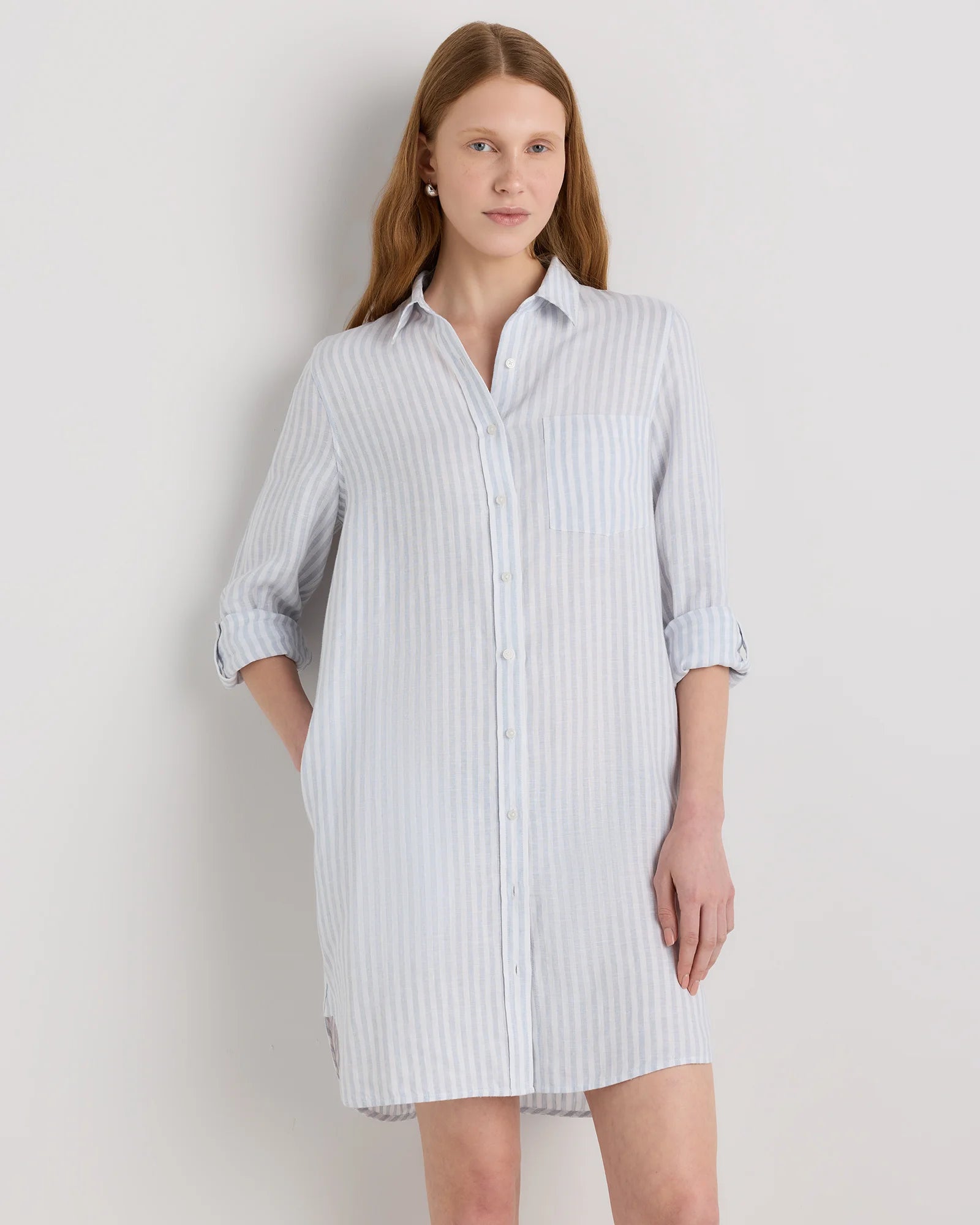 100% European Linen Shirt Dress - XS / Sky Blue Mariner Stripe Secondary image