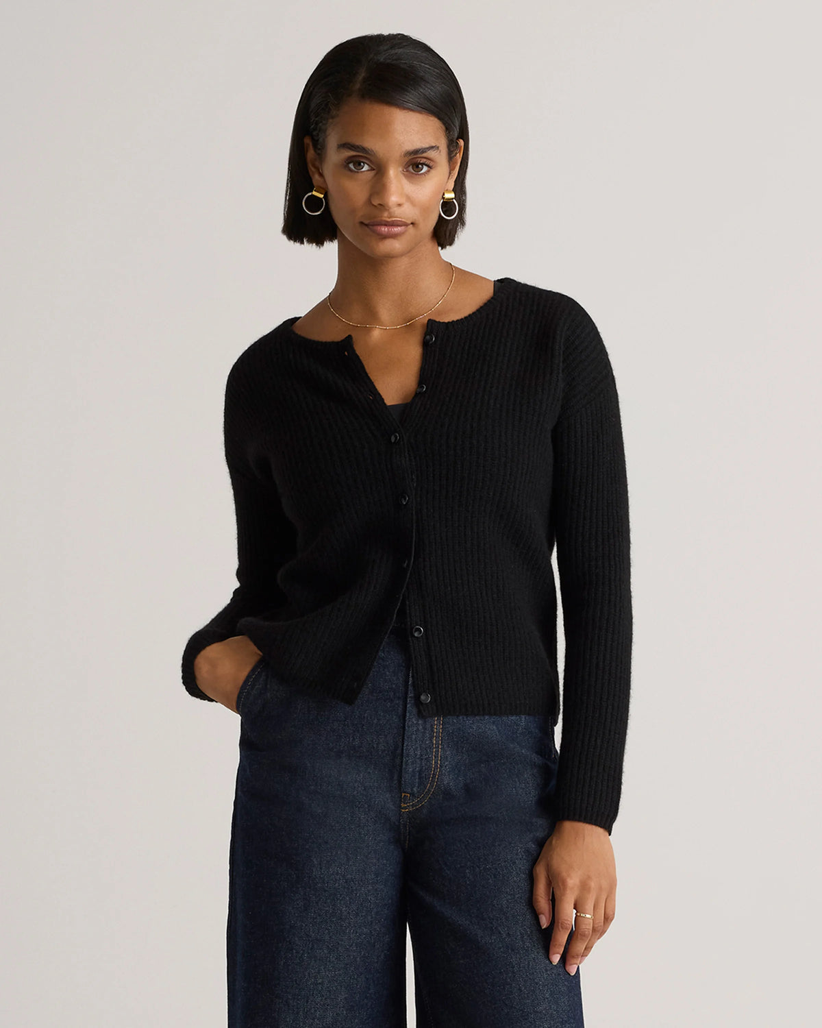 100% Yak Soft Rib Crew Cardigan - XS / Black Main image