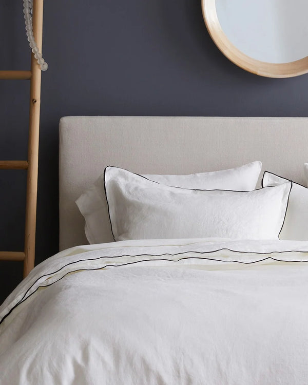 European Linen Double Embroidered Edge Duvet Cover - Twin / White with Black Embroidery