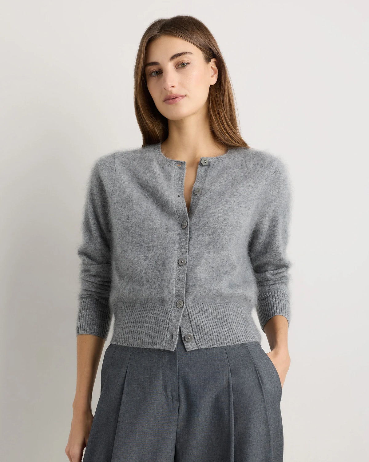 Brushed Cashmere Cropped Crewneck Cardigan - XS / Heather Grey Main image