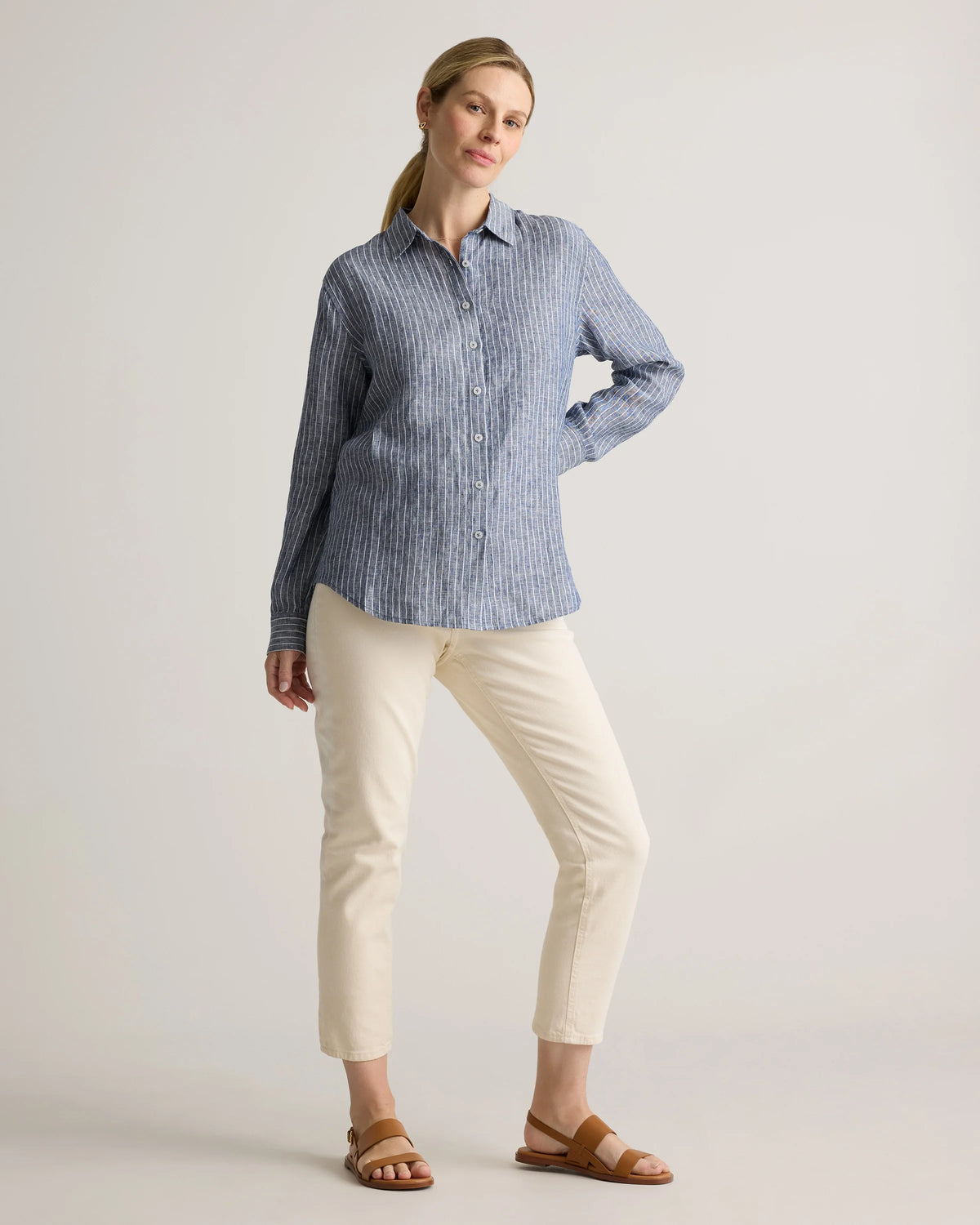 100% European Linen Maternity Long Sleeve Shirt - XS / Blue Pinstripe