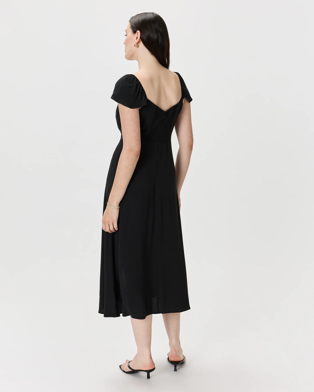 Lightweight Crepe Flutter Sleeve Midi Dress - XS / True Black
