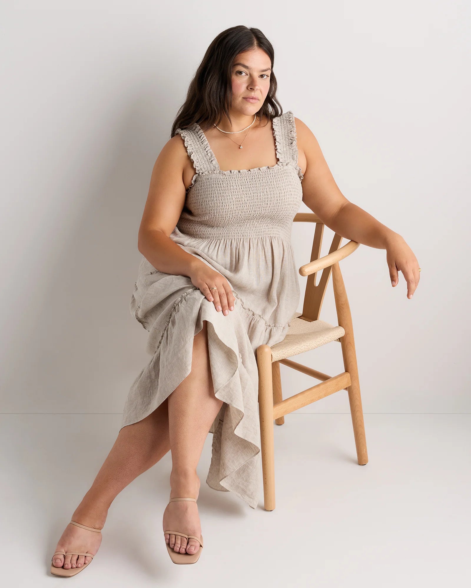 100% European Linen Smocked Midi Dress - 1X / Flax Secondary image