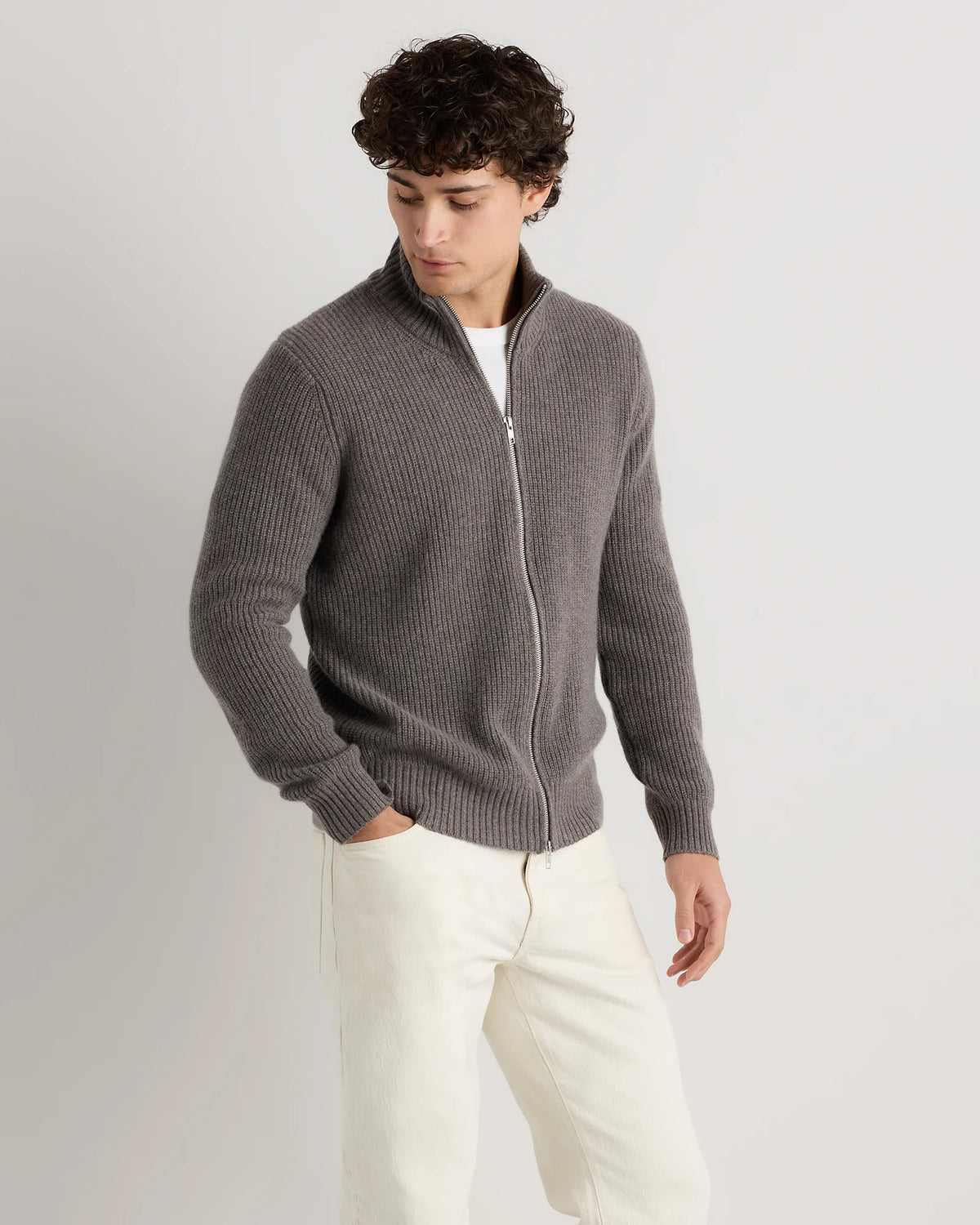 Mongolian Cashmere Fisherman Full Zip Sweater - S / Teak