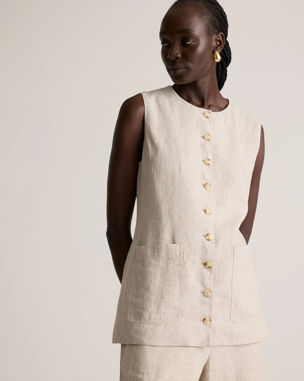 100% European Linen Longline Vest - XS / Taupe Brown Chambray