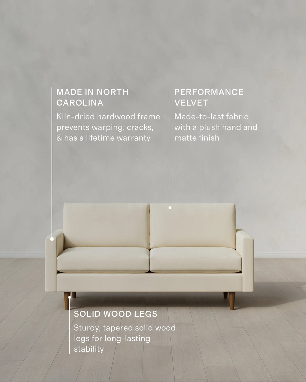 Atlas Midcentury Sofa in Performance Velvet - 6ft / Ivory