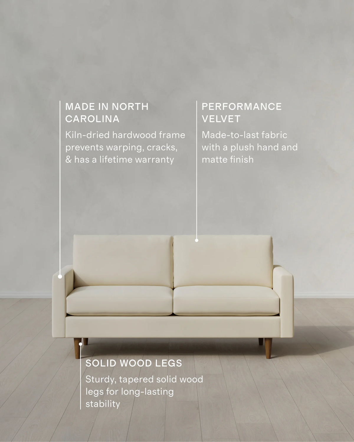 Atlas Midcentury Sofa in Performance Velvet - 6ft / Ivory