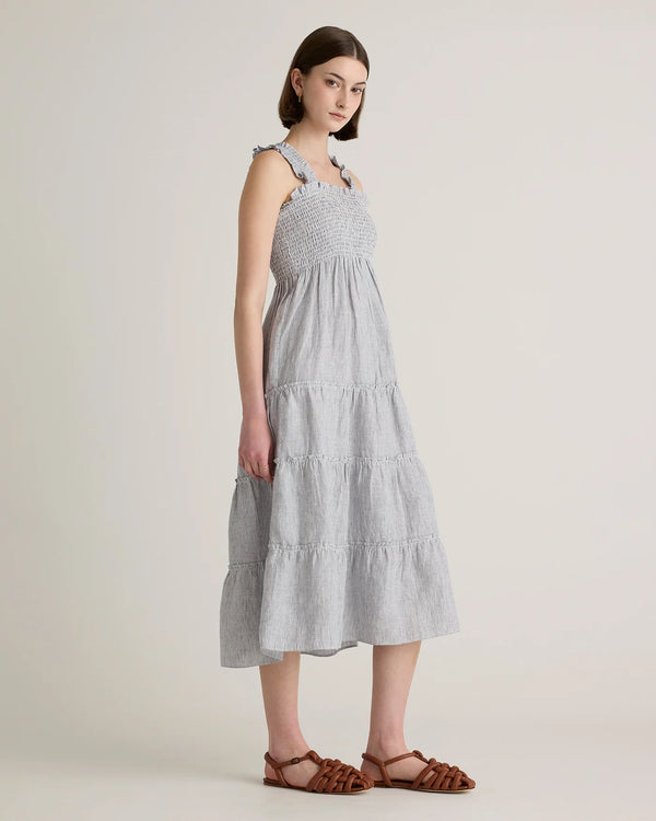 100% European Linen Smocked Midi Dress - XS / Ivory Porcelain Blue Petite Floral