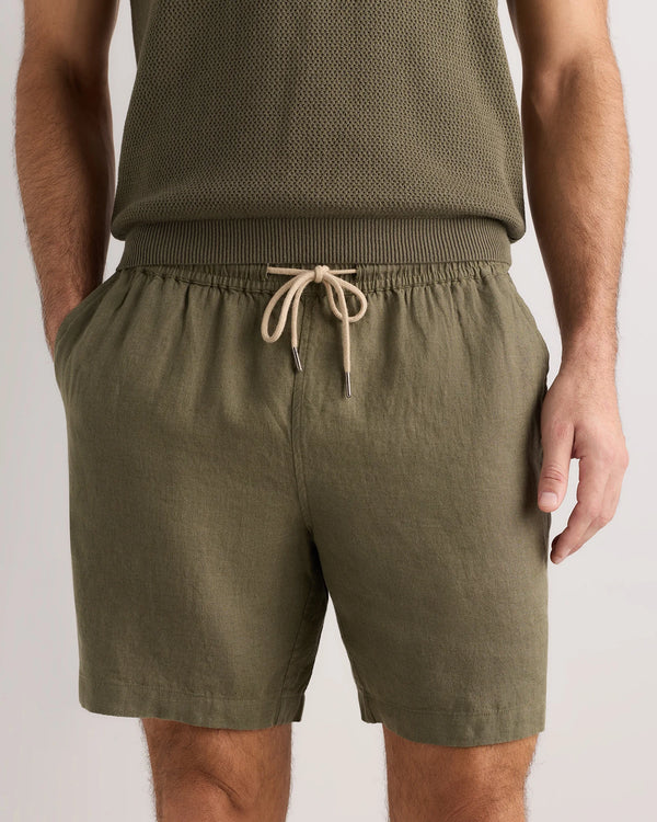 100% European Linen Drawstring Beach Shorts - 7" - XS / Taupe Brown Chambray