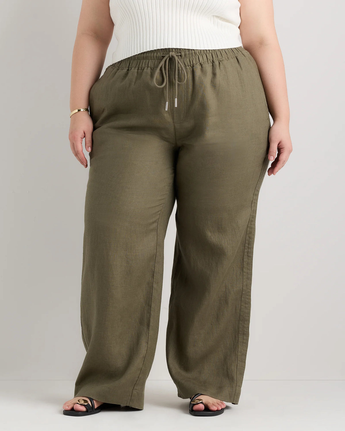 100% European Linen Wide Leg Pants - 1X / Bayberry Olive Main image