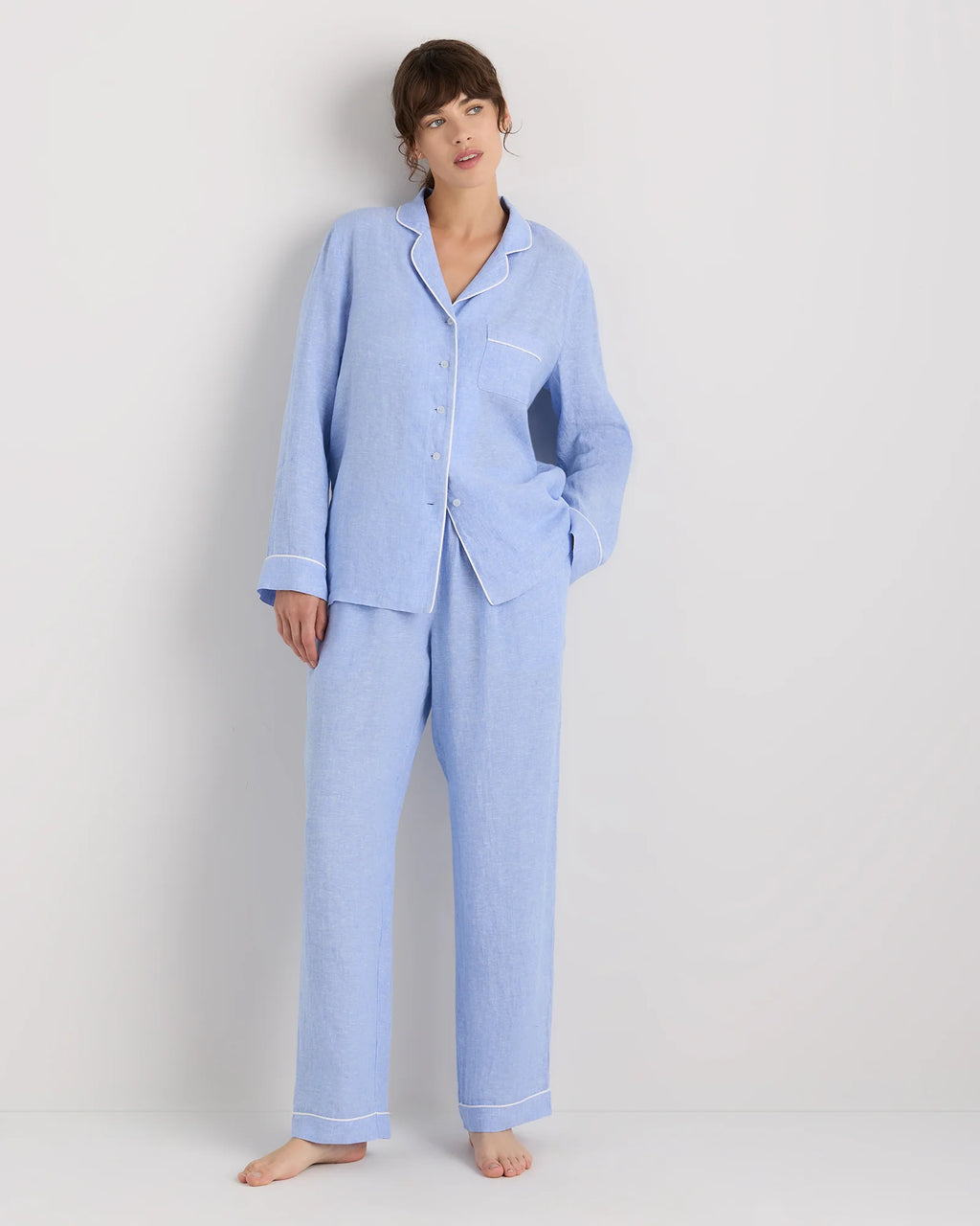 100% European Linen Long Sleeve Pajama Set with Piping - XS / Taupe Brown Gingham