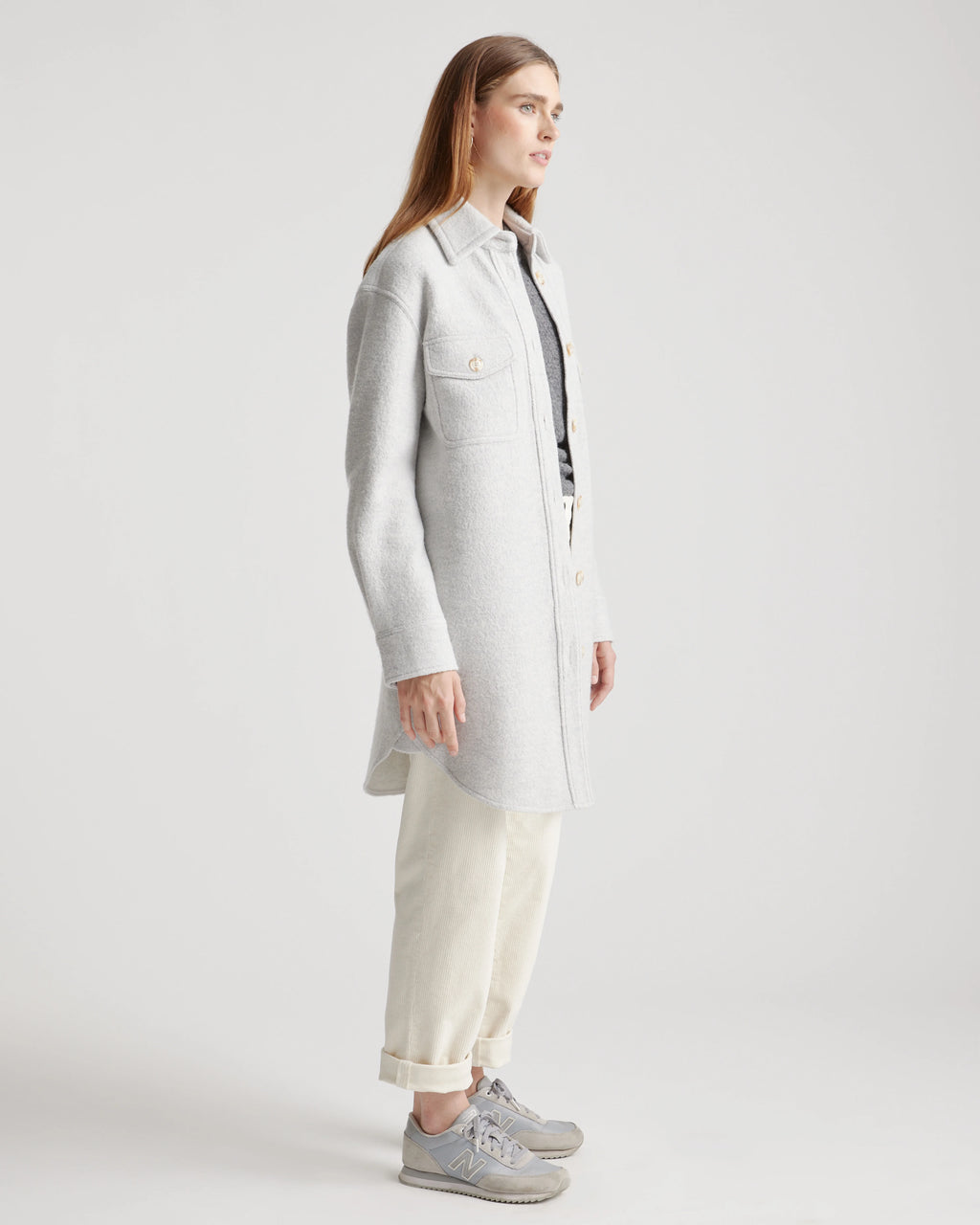 100% Merino Wool Long Shirt Jacket - XS / Heather Bone