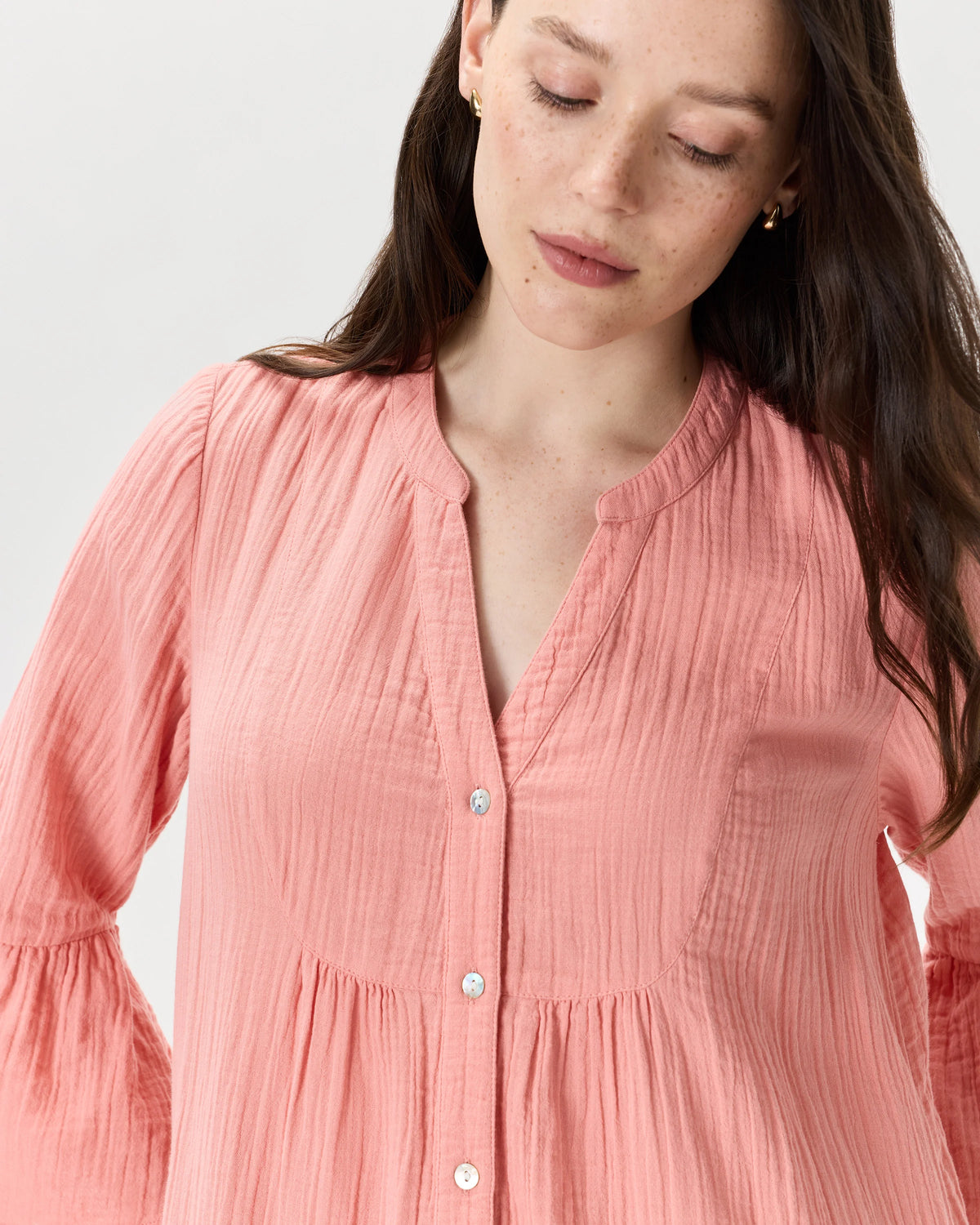 100% Organic Cotton Gauze Long Sleeve Tiered Mini Dress - XS / Amaranth Pink