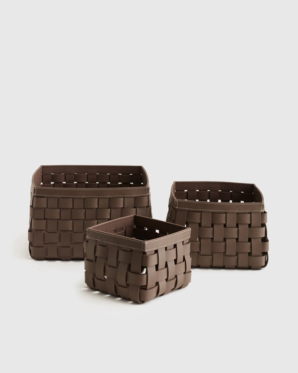 Recycled Woven Leather Baskets (set of 3) - One Size / Cognac