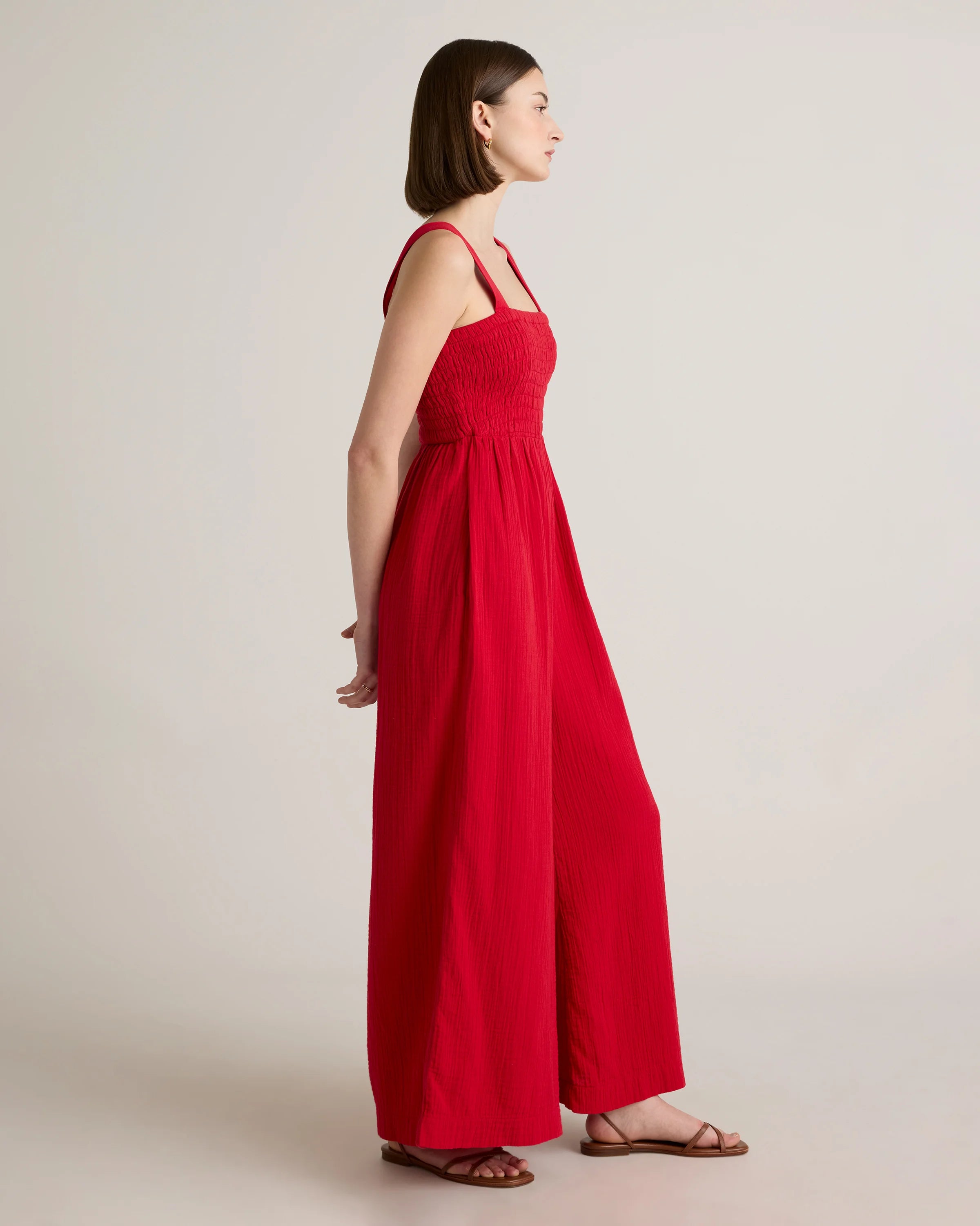 100% Organic Cotton Gauze Smocked Wide Leg Jumpsuit - XS / Wild Cherry Secondary image