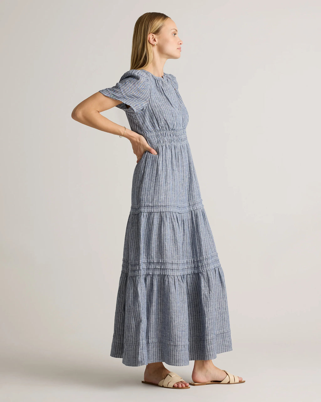 100% European Linen Tiered Maxi Dress - XS / Deep Navy