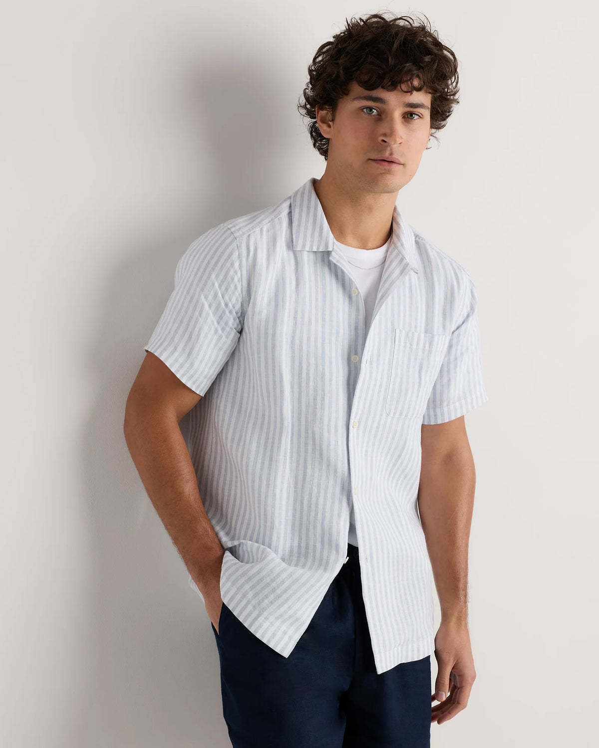 100% European Linen Camp Shirt - XS / Sky Blue Mariner Stripe Main image