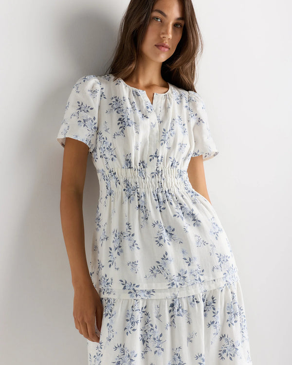 100% European Linen Tiered Maxi Dress - XS / Ivory Porcelain Blue Petite Floral