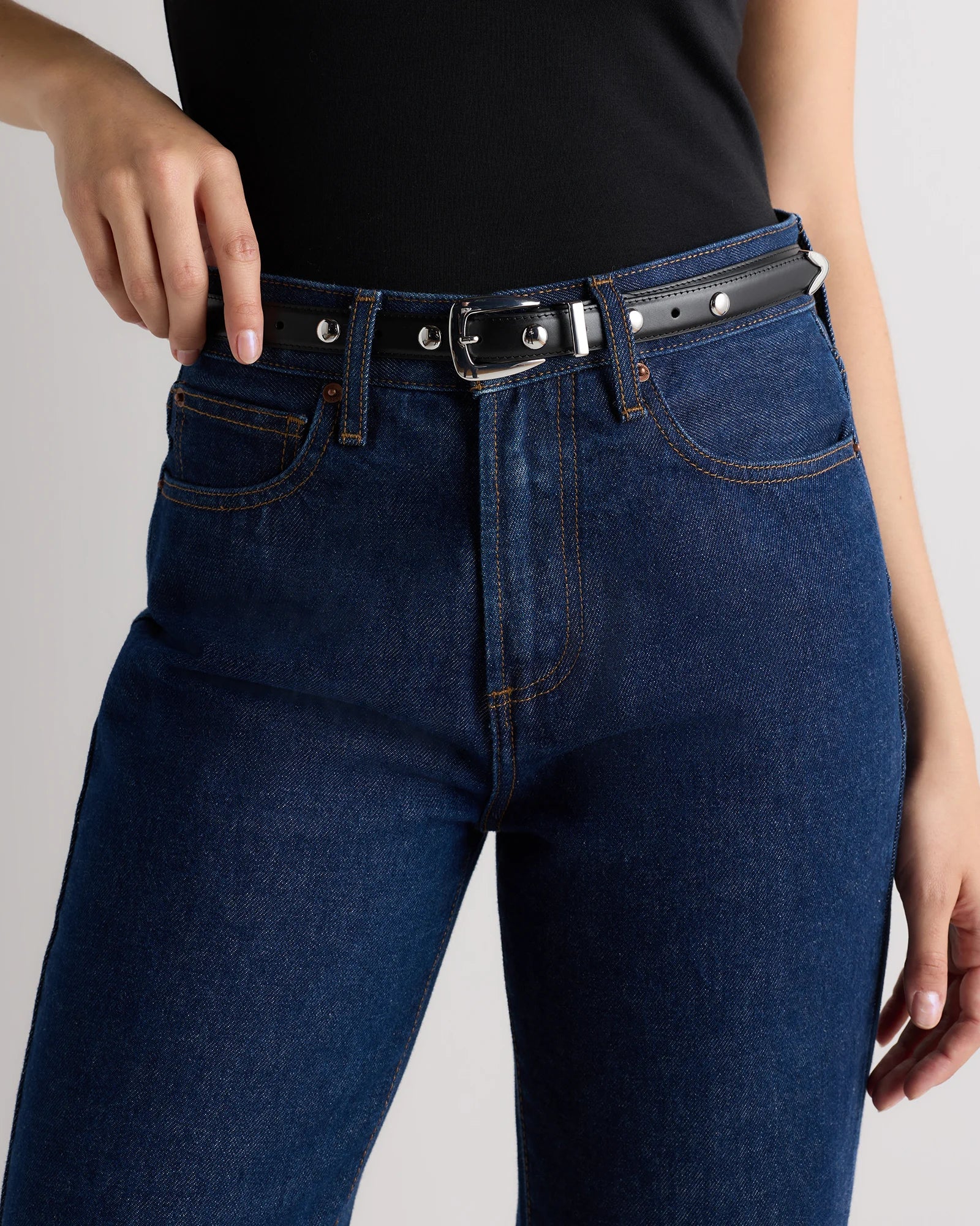 Alyssa European Leather Studded Skinny Belt - XS / Black/Silver Secondary image