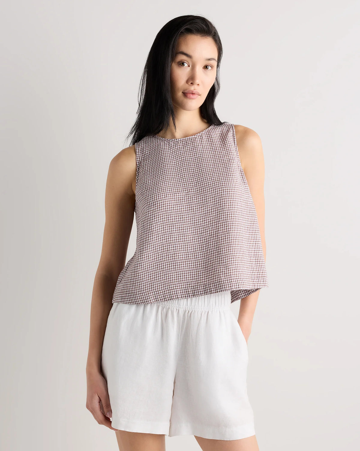 100% European Linen Cropped Tank - XS / Taupe Brown Gingham Main image