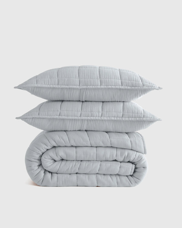 Organic Cotton Gauze Box Quilt Set - Twin / Mineral