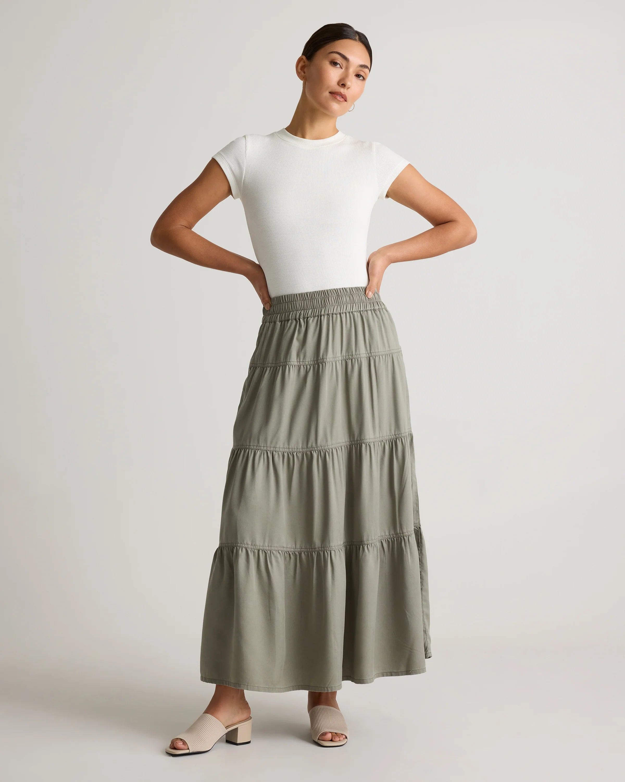 Vintage Wash Tencel Tiered Maxi Skirt - XS / Olive Secondary image