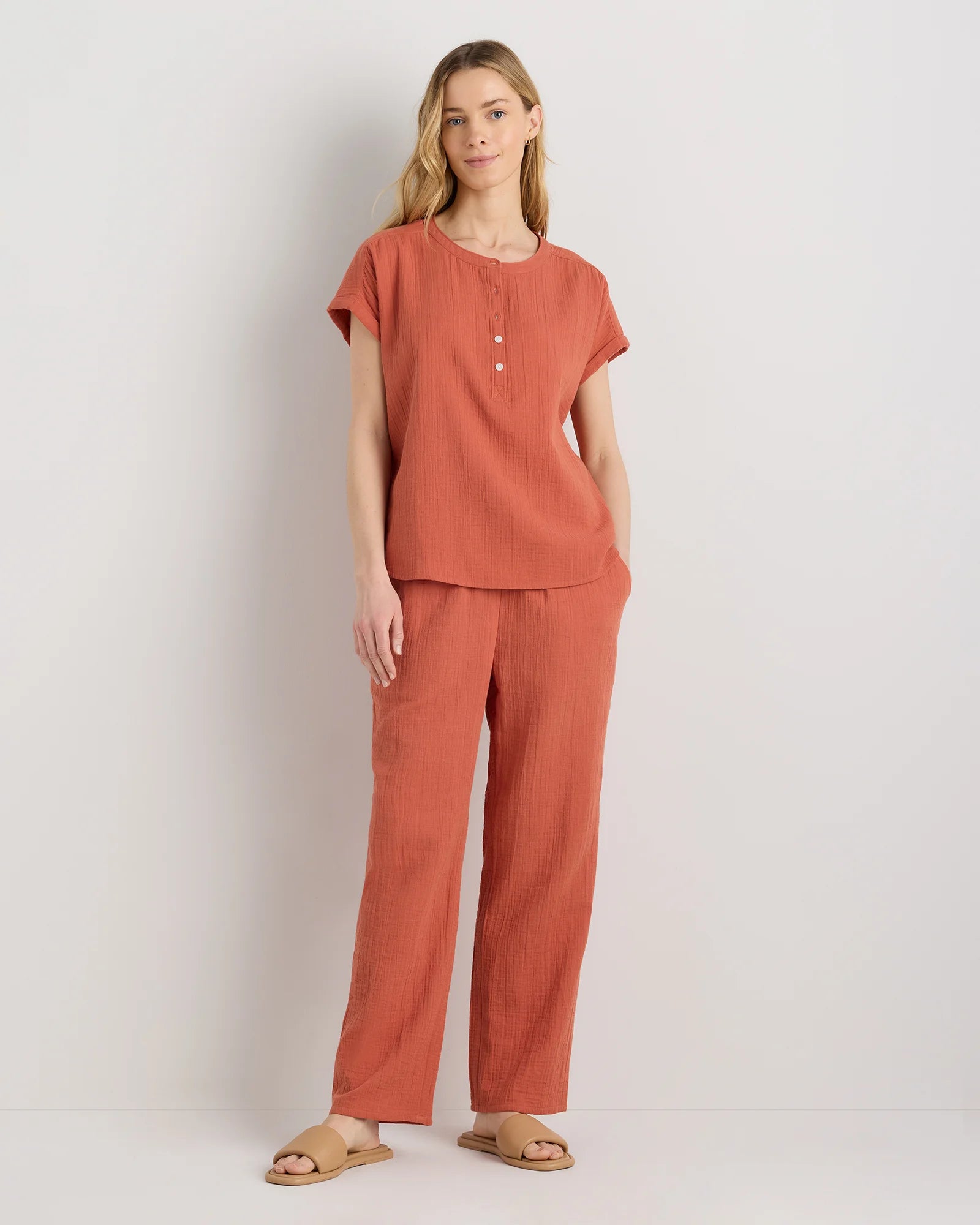 100% Organic Cotton Gauze Roll Sleeve Shirt - XS / Spiced Orange Secondary image