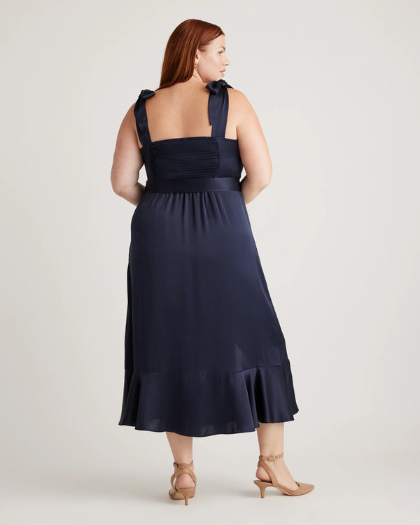 100% Washable Silk Square Neck Midi Dress - XS / Navy