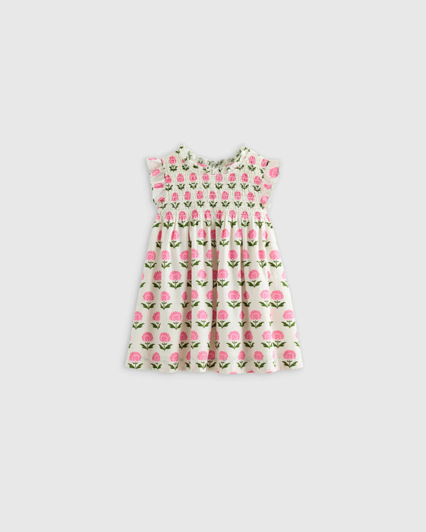 100% Organic Cotton Poplin Smocked Flutter Sleeve Dress - 3-6M / Blue Ditsy Floral