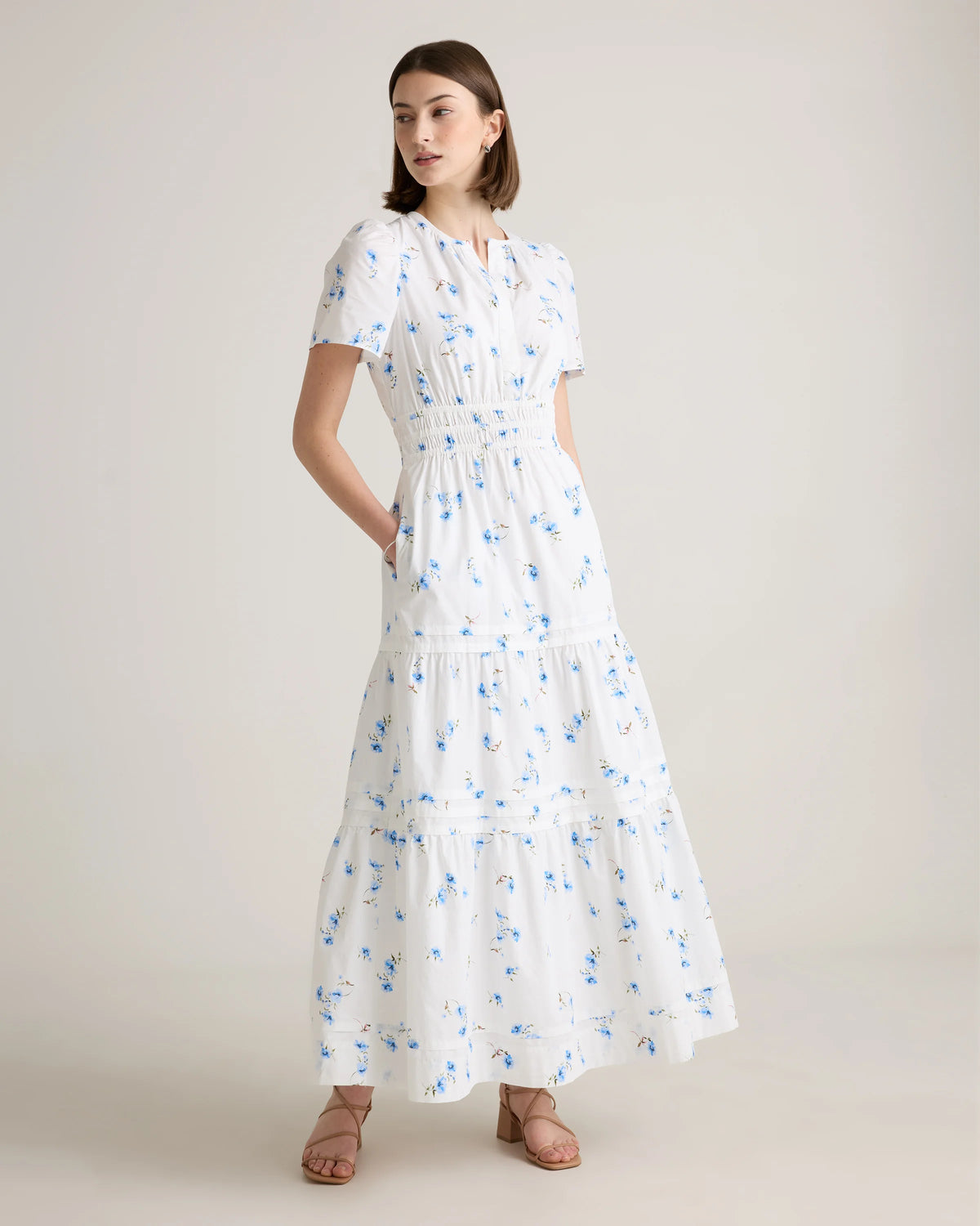 100% Organic Cotton Poplin Tiered Maxi Dress - XS / Riviera Blue Heirloom Floral