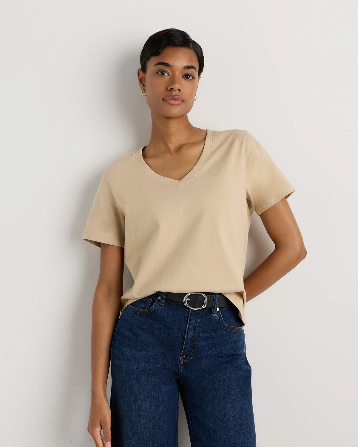 100% Organic Cotton Boxy V-Neck Tee - XS / Dusty Beige Main image