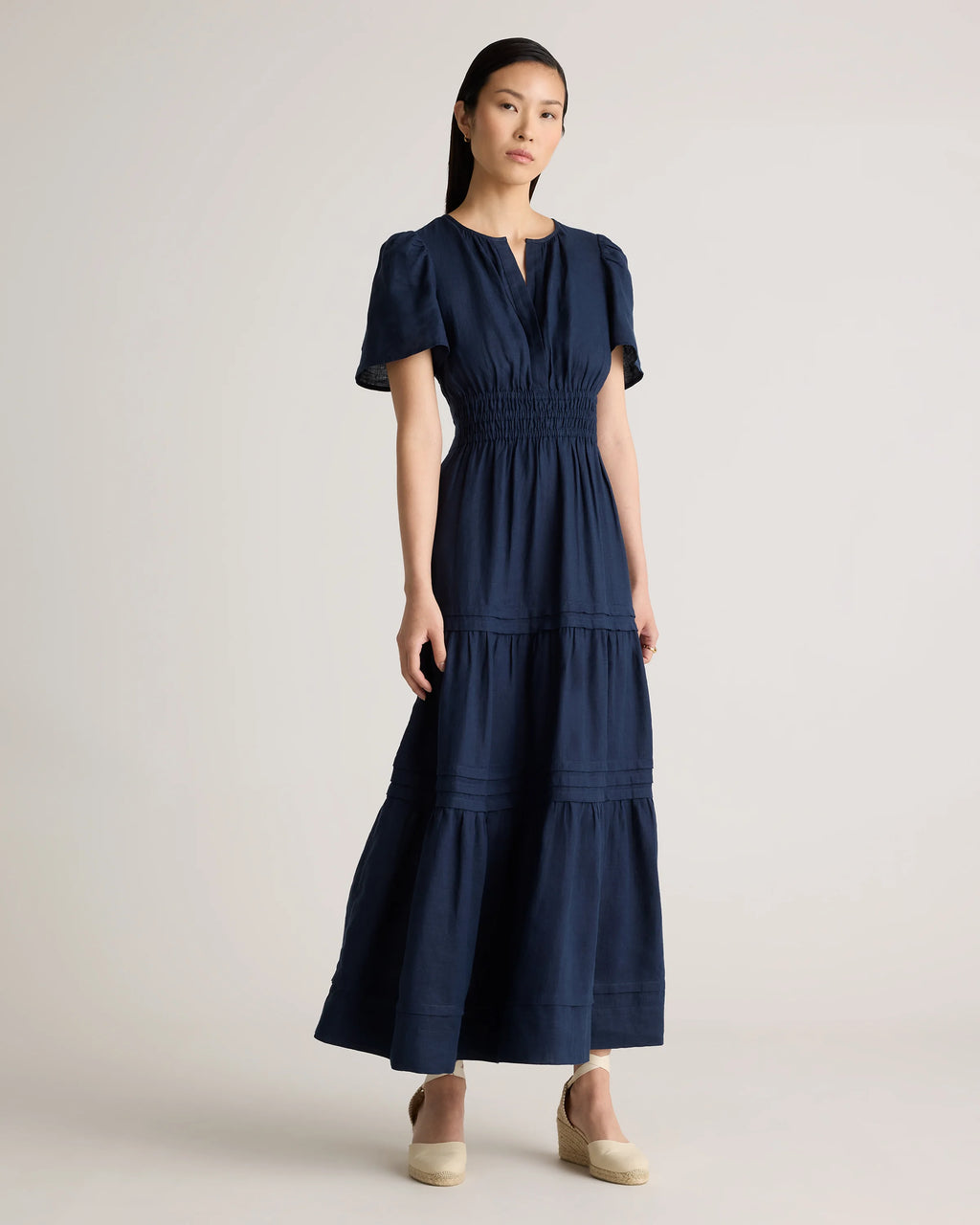 100% European Linen Tiered Maxi Dress - XS / Deep Navy