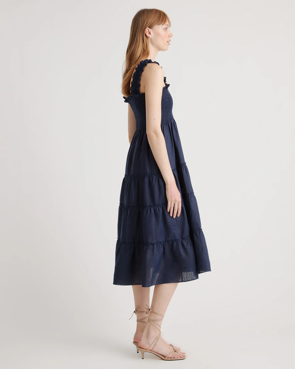 100% European Linen Smocked Midi Dress - XS / Ivory Porcelain Blue Petite Floral