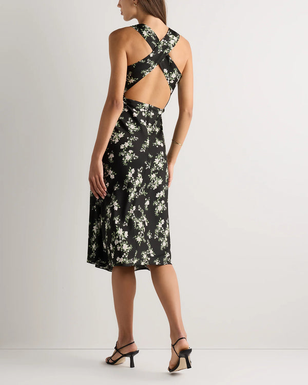 Washable Stretch Silk High Neck Midi Dress - XS / Vintage Navy Roses